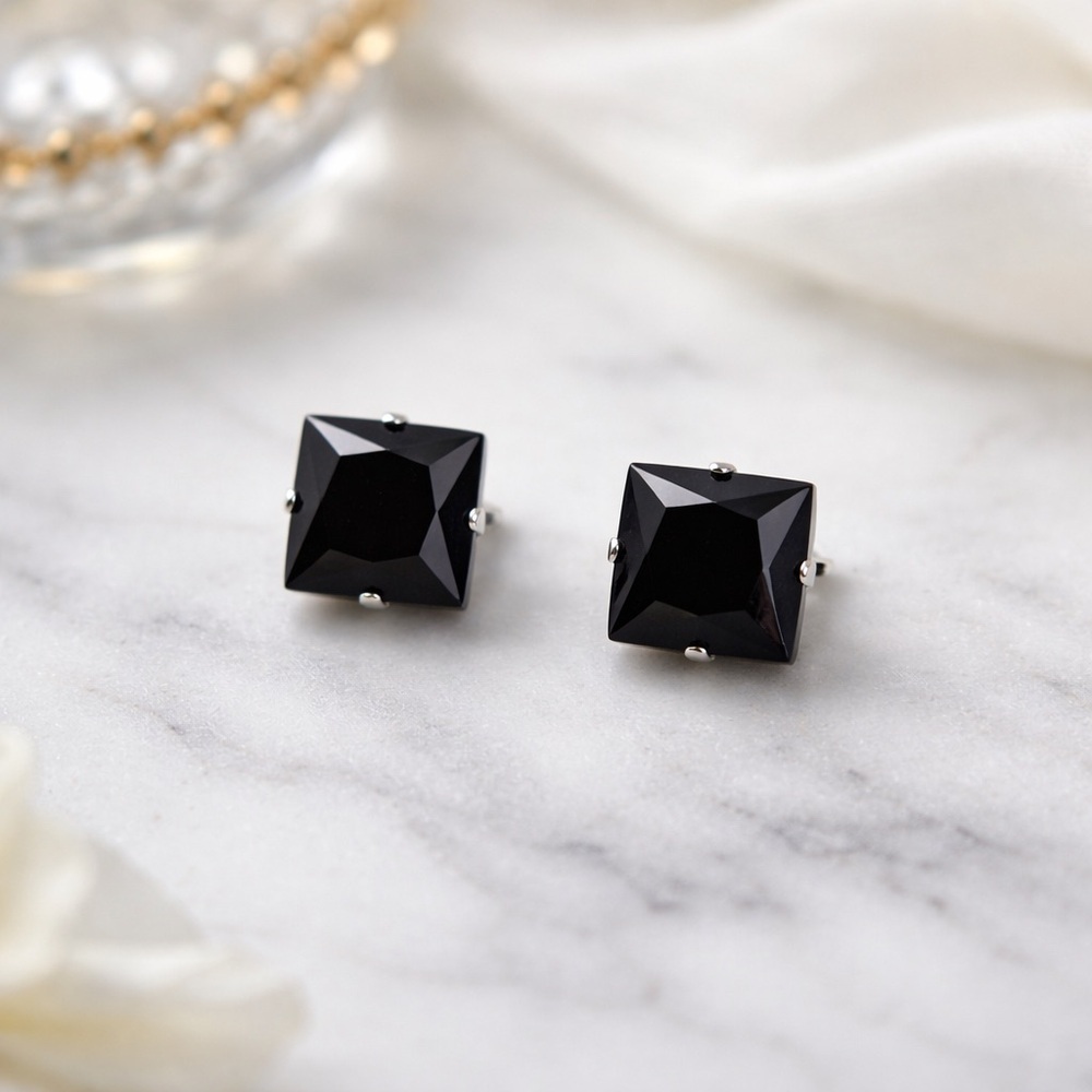 Black Tourmaline Square Stud Earrings 925 Silver Prong Set 3/8” Faceted #560 - Picture 2 of 4